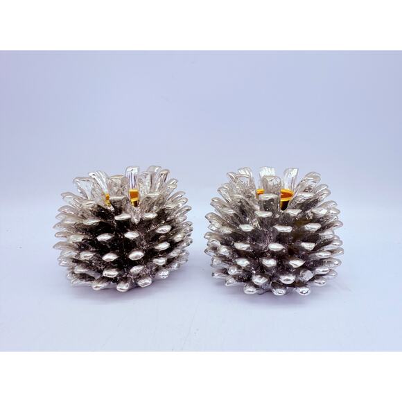 Vintage Poly Resin Pine Cone Candle Holders Silver 1998 by Autumn Accents - Picture 3 of 5